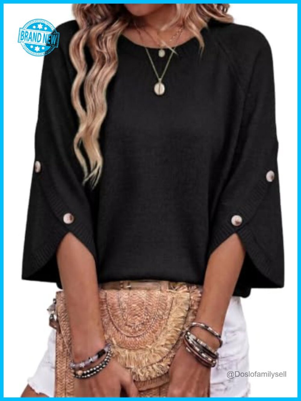 Oversized 3/4 Sleeve Button Crewneck Lightweight Knit Pullover Sweater